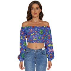 Grateful Dead Dancing Bears Pattern Long Sleeve Crinkled Weave Crop Top by Salmanaz77