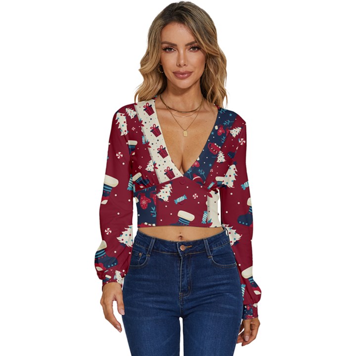 Flat Design Christmas Pattern Collection Art Long Sleeve Deep-V Velour Top