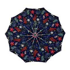 Festive Floral Pattern Christmas Blue Floral Flower Foliage Leaves Pattern Red Snow Winter Automatic Folding Umbrella With Case (large) by Maspions