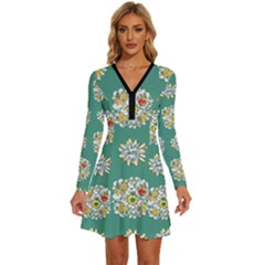 Retro 1960s Flowers Pattern 2 Long Sleeve Deep V Mini Dress  by violetheavensky