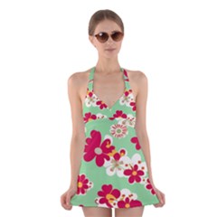 Retro 1960s Flowers Pattern Halter Dress Swimsuit  by violetheavensky