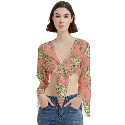 Retro 1880s Flowers Pattern 12 Trumpet Sleeve Cropped Top by violetheavensky