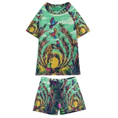 Monkey Tiger Bird Parrot Forest Jungle Style Kids  Swim T-shirt And Shorts Set by Grandong