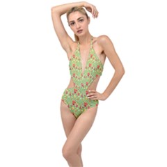 Retro 1880s Flowers Pattern 17 Plunging Cut Out Swimsuit by violetheavensky