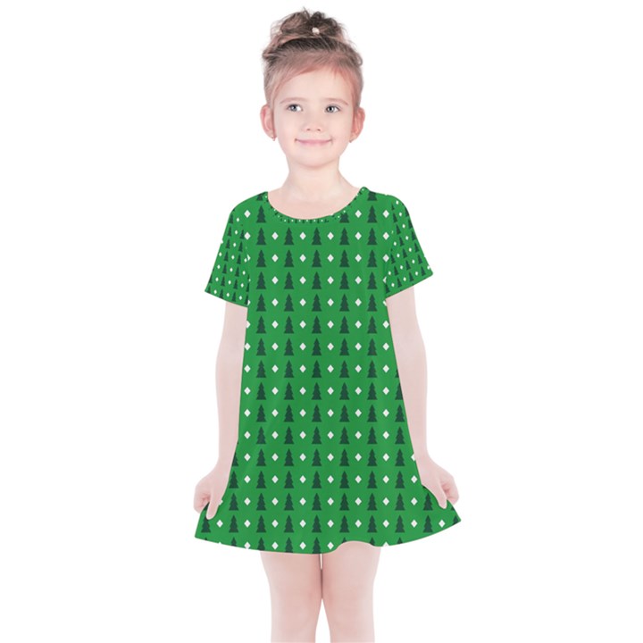 Green Christmas Tree Pattern Background Kids  Simple Cotton Dress