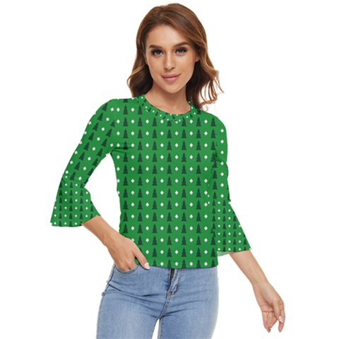 Green Christmas Tree Pattern Background Bell Sleeve Top by Paksenen