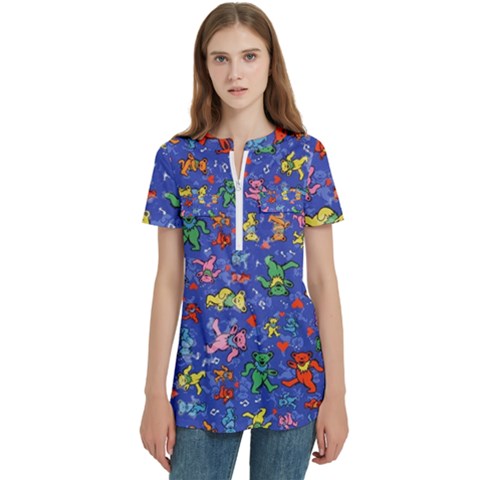 Grateful Dead Dancing Bears Pattern Women s Zip Front V-neck Short Sleeve Casual Top Pocket Shirt by Salmanaz77