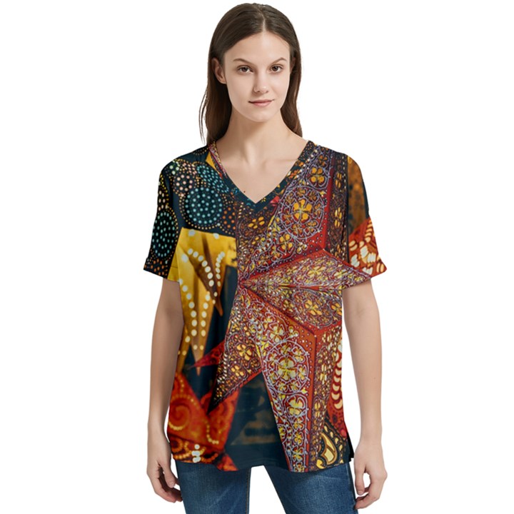 Star Lantern Lighting V-Neck Split Shoulder Casual T-Shirt