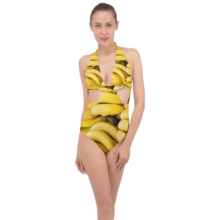 Bananas, Macro, Fruits, Ripe Bananas Halter Front Plunge Swimsuit