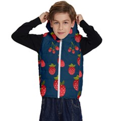 Strawberry Texture, Blue Background With Strawberries Kids  Stylish Hooded Puffer Vest by kyorashop23