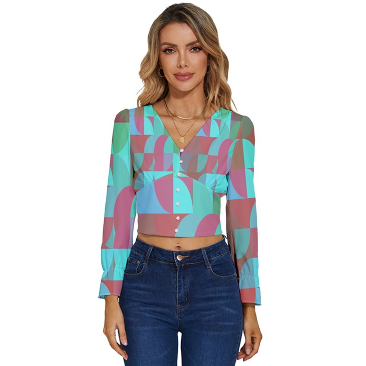 Geometric Ocean Purple Blue Pink Long Sleeve V-Neck Top