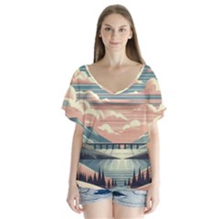 Artwork Painting Sculpture Nature V-neck Flutter Sleeve Top by Salmanaz77