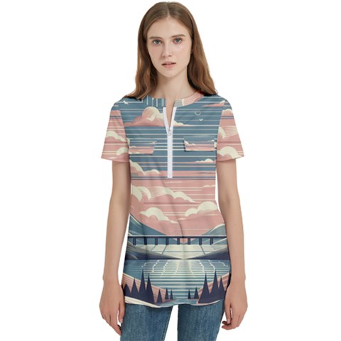 Artwork Painting Sculpture Nature Women s Zip Front V-neck Short Sleeve Casual Top Pocket Shirt by Salmanaz77