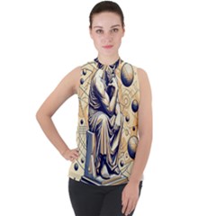 Thinker Sculpture Design Geometric Mock Neck Chiffon Sleeveless Top by Salmanaz77