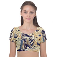 Thinker Sculpture Design Geometric Velvet Short Sleeve Crop Top  by Salmanaz77