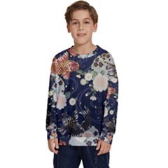 Japanese Wave Koi Illustration Pattern Kids  Crewneck Sweatshirt by Ndabl3x