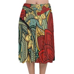 Pattern Shape Colorful Flower Leaves Velvet Flared Midi Skirt by Posterlux