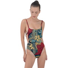 Pattern Shape Colorful Flower Leaves Tie Strap One Piece Swimsuit by Posterlux