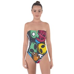 Funky Alien Pattern Abstract Colourful Drawing Tie Back One Piece Swimsuit by Posterlux