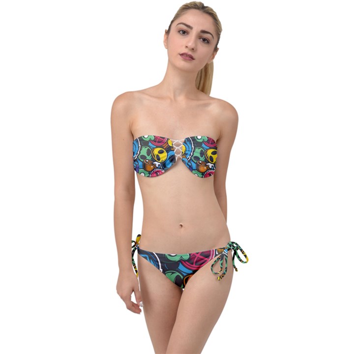 Funky Alien Pattern Abstract Colourful Drawing Twist Bandeau Bikini Set