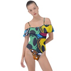 Funky Alien Pattern Abstract Colourful Drawing Frill Detail One Piece Swimsuit by Posterlux