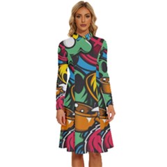 Funky Alien Pattern Abstract Colourful Drawing Long Sleeve Shirt Collar A-line Dress by Posterlux