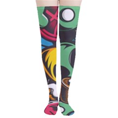 Funky Alien Pattern Abstract Colourful Drawing Thigh High Stockings by Posterlux