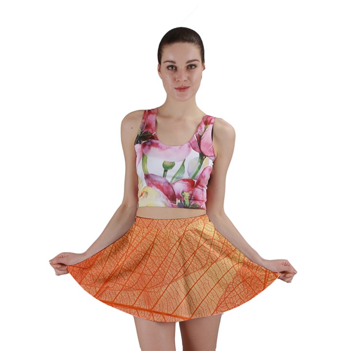 Abstract Texture Of Colorful Bright Pattern Of Transparent Leaves Of Orange And Yellow Color Mini Skirt