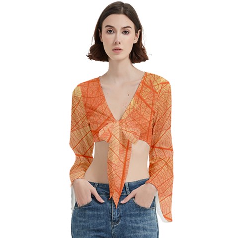 Abstract Texture Of Colorful Bright Pattern Of Transparent Leaves Of Orange And Yellow Color Trumpet Sleeve Cropped Top by Posterlux