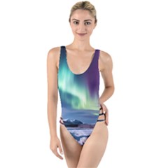 Northern Lights Aurora Night Nature High Leg Strappy Swimsuit by Posterlux