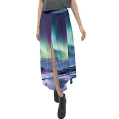 Northern Lights Aurora Night Nature Velour Split Maxi Skirt by Posterlux