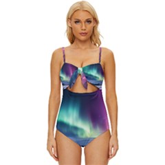 Northern Lights Aurora Night Nature Knot Front One-piece Swimsuit by Posterlux