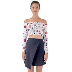 Happy Holiday Xmas Christmas Pattern Long Sleeve Off Shoulder Crop Top by Paksenen