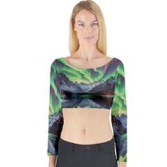 Lake Mountains Aorora Northern Lights Snow Long Sleeve Crop Top by Paksenen