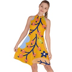 Floral Pattern Beautiful Aesthetic Sleeveless Halter Neck A-line Dress by Paksenen