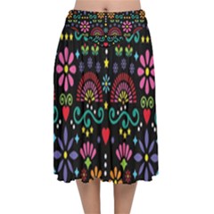 Mexican Folk Art Seamless Pattern Colorful Velvet Flared Midi Skirt by Paksenen