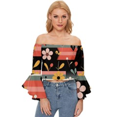  Minimalist Pattern With Simple Lines,flower And Shapes, Creating A Clean And Modern Off Shoulder Flutter Bell Sleeve Top by myclothy