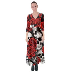 Roses And Skulls Button Up Maxi Dress by pollyparadiseartshop