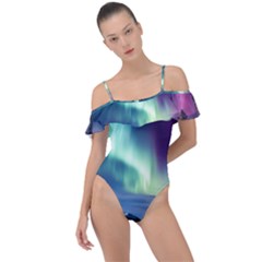 Northern Lights Aurora Night Nature Frill Detail One Piece Swimsuit by Posterlux