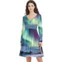 Northern Lights Aurora Night Nature Long Sleeve V-neck skater dress with Pockets View1