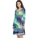 Northern Lights Aurora Night Nature Long Sleeve V-neck skater dress with Pockets View2