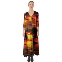 Sunset Nature Sea Dusk Landscape Button Up Boho Maxi Dress by Salmanaz77