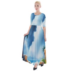 Delicate Watercolor Painting Surreal Oasis Scene With Intense Dramatic Lighting Half Sleeves Maxi Dress by pollyparadiseartshop