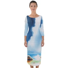 Delicate Watercolor Painting Surreal Oasis Scene With Intense Dramatic Lighting Quarter Sleeve Midi Bodycon Dress by pollyparadiseartshop