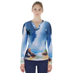 Delicate Watercolor Painting Surreal Oasis Scene With Intense Dramatic Lighting V-neck Long Sleeve Top by pollyparadiseartshop