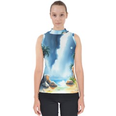 Delicate Watercolor Painting Surreal Oasis Scene With Intense Dramatic Lighting Mock Neck Shell Top by pollyparadiseartshop