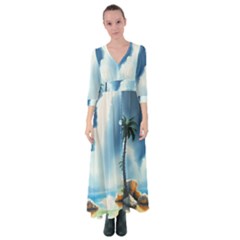 Delicate Watercolor Painting Surreal Oasis Scene With Intense Dramatic Lighting Button Up Maxi Dress by pollyparadiseartshop