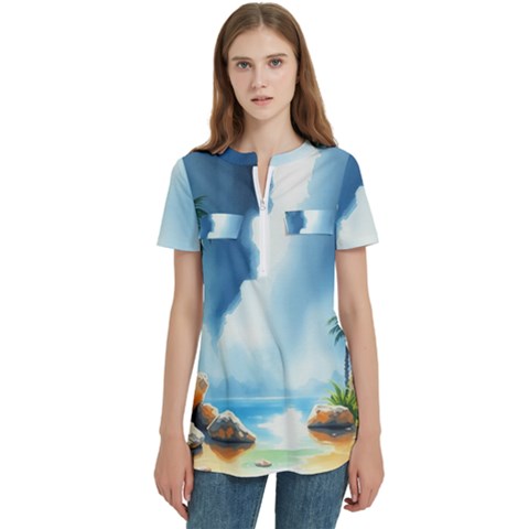 Delicate Watercolor Painting Surreal Oasis Scene With Intense Dramatic Lighting Women s Zip Front V-neck Short Sleeve Casual Top Pocket Shirt by pollyparadiseartshop