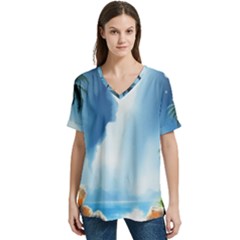 Delicate Watercolor Painting Surreal Oasis Scene With Intense Dramatic Lighting V-neck Split Shoulder Casual T-shirt by pollyparadiseartshop