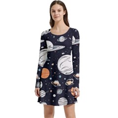 Space Galaxy Universe Stars Sky Long Sleeve Velour Skater Dress by Paksenen